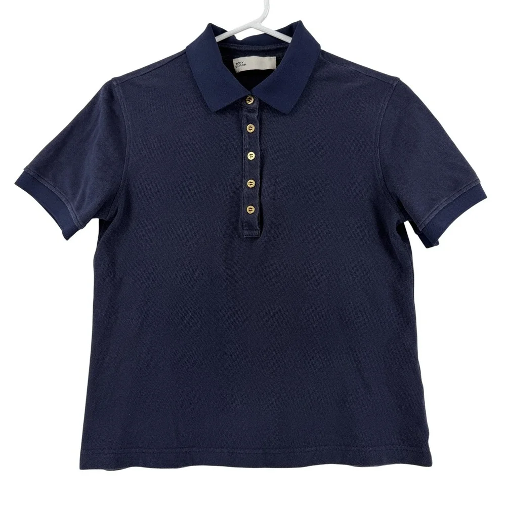 Tory Burch Polo Shirt Womens Medium Blue Short‎ Sleeve Pique Cotton Top
